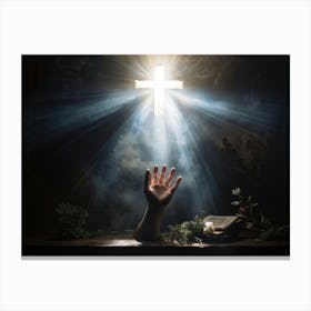 An Ultra Realistic Depiction Of A Hand Raised In A Gesture Of Prayer Emerging From Darkness Into A (1) Canvas Print