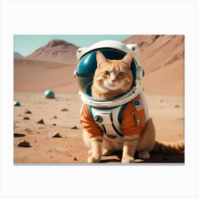 A Ginger Cat Wearing An Astronaut Suit, Sitting On The Surface Of Mars Canvas Print