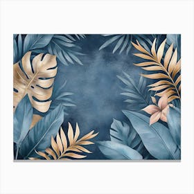 Blue Vintage Tropical Leaves in Seamless Border Design Premium Art Luxury Silver Grey Background Texture Canvas Print