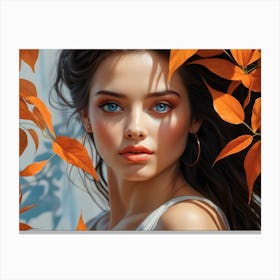 Artistic portrait beautiful woman blue eyes behind orange autumn leaves 1 Canvas Print