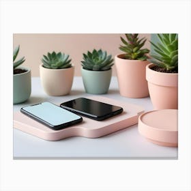 A Modern And Stylish Image Of Two Smartphones Charging On A Wireless Charging Pad With Potted Succulents In The Background Canvas Print