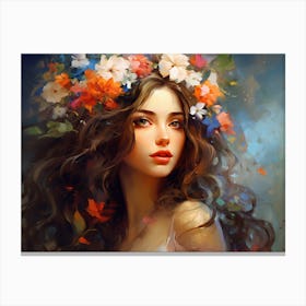 Upscaled An Oil Painting Of A Beautiful Woman With Flowers On Her Canvas Print