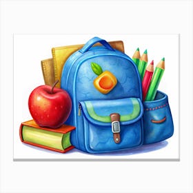 Blue Backpack With School Supplies And Red Apple Canvas Print