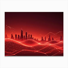 An Abstract Image Of A Cityscape Silhouette With A Red, Glowing Network Of Lines And Nodes, Symbolizing Connectivity And Technology Canvas Print