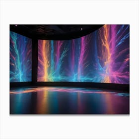 A Modern, Futuristic Gallery Space With Walls Illuminated By Large, Curved Screens Displaying A Vibrant, Abstract Image Of Glowing Lines And Data Canvas Print