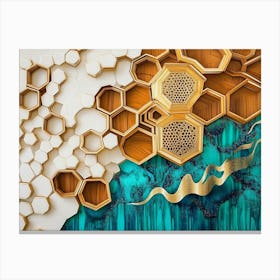 Golden Hexagons Float Amidst White Lattice on Oak Turquoise Canvas Print