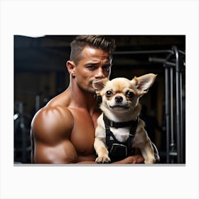 Bodybuilder holding cute Chihuahua dog Canvas Print