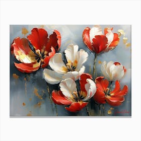 Gold Plated Red And White Parrot Tulips Flowers Canvas Print