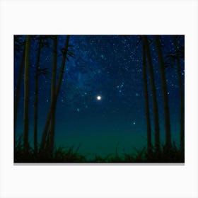 Bamboo Forest Basking In Moonlight Silhouettes Of Tall Bamboo Stalks Towering Against A Star Speckl Canvas Print