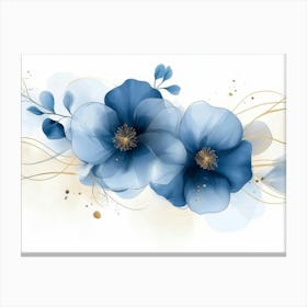 Elegant Abstract Blue Flowers with Golden Line Art Design Canvas Print