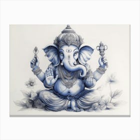 3d Pencil Sketch Drawing Of Indian God Ganesh Blue Tone In White Painting Canvas Print