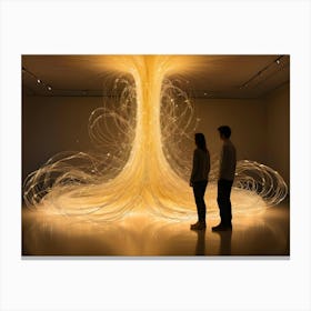 Two People Observing A Large Scale Art Installation Of Glowing Fiber Optic Cables Suspended From The Ceiling Canvas Print