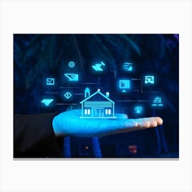 Artificial Intelligence Concept Visualized As A Hand Holding A Glowing Blue Diagram Of A Smart Home (7) Canvas Print