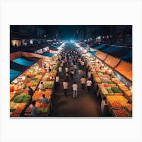 Crowded Night Market With Food Stalls And People Shopping Canvas Print