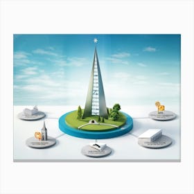 Business And Directional Icons Arrayed In Three Dimensional Space Featuring A Stylized Growing Tre Canvas Print