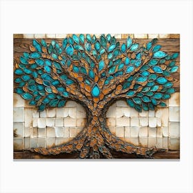 Fantasy 3d On Wooden Oak with White Lattice Tiles, Tree with Kaleidoscopic Leaves in Turquoise Canvas Print