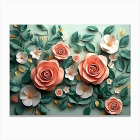 Roses Surrounded By Leaves And Flowers, Illustration Canvas Print