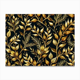 Seamless Pattern With Golden Leaves And Berries On Black Background Canvas Print