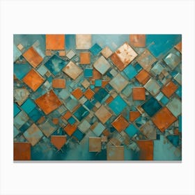 A Painting Of An Abstract Pattern With Geometric Shapes In Shades Of Turquoise, Orange, And Beige Canvas Print