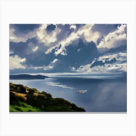 Coastal Landscape with Dramatic Clouds near Capo Caccia Sardinia. A black and white photograph captures a breathtaking coastal landscape. The sky is dominated by a dramatic expanse of dark, swirling clouds, casting shadows over the calm, reflective water below. A sliver of sunlight peeks through the clouds, illuminating the water with a shimmering, ethereal glow. In the distance, a rugged coastline stretches out, disappearing into the hazy horizon. Canvas Print