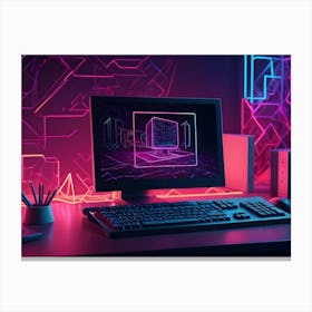 A Computer Desk Setup With A Monitor Displaying A Geometric Pattern And A Glowing, Digital City Canvas Print