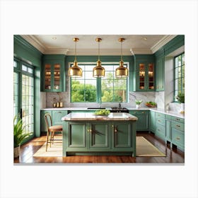 Modern Green Kitchen With Golden Accents Canvas Print