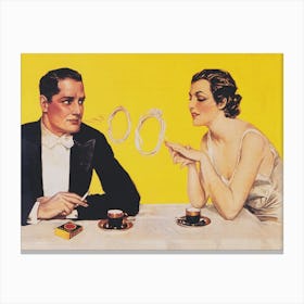 Man And A Woman At Cafe Thinking About Proposal Vintage Poster Canvas Print