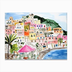 Positano Italy Cute Watercolour Illustration 2 Canvas Print