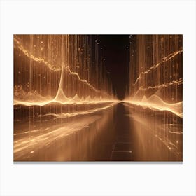 Abstract Image Of A Bright, Colorful, Swirling Line Of Light, Resembling A Digital Energy Wave, In A Dark Space With A Grid Pattern Canvas Print