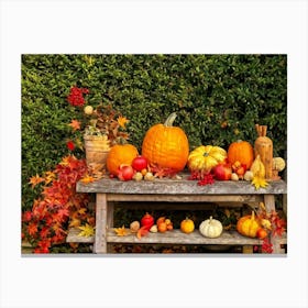 Autumnal Still Life Composition Featuring A Wooden Table Set In A Rustic Garden During The Golden Ho (2) Canvas Print