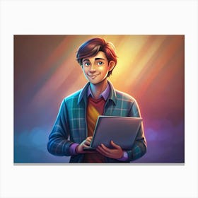 Smiling Young Man Using Laptop With Warm Lighting Canvas Print