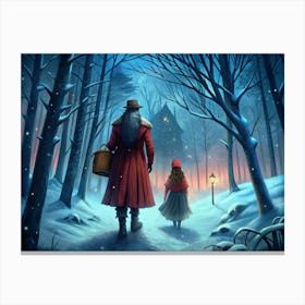 Red Riding Hood And Woodsman Walking Through A Dark Forest Canvas Print