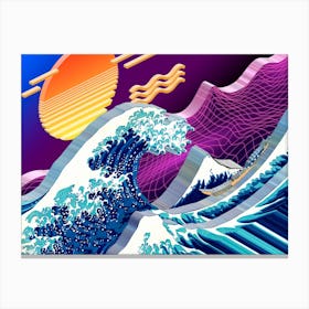 Isometric Synthwave: The Great Wave off Kanagawa [synthwave/vaporwave/cyberpunk] — aesthetic poster, retrowave poster, neon poster, Katsushika Hokusai, ukiyo-e, ukiyoe Canvas Print