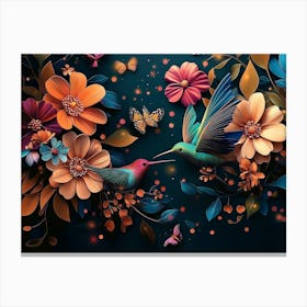 Flowers And Hummingbirds Canvas Print