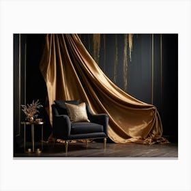 Curving Gold Drapery Cascades Down A Rich Brown Wall The Silken Material Emulating The Fluidity And (6) Canvas Print