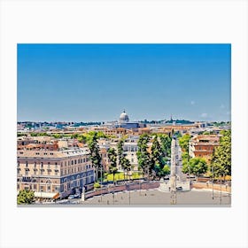 Rooftops and Domes in Rome. This image depicts a picturesque view of a historic cityscape, characterized by its terracotta rooftops and prominent domed structures. The two large domes, likely belonging to significant religious or historical buildings, stand out against a clear blue sky. The foreground is filled with a variety of buildings, showcasing a mix of architectural styles and colors, while lush green trees add a touch of nature to the urban scene. 1 Canvas Print