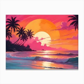 Tropical Sunset With Palm Trees And Ocean Waves Canvas Print