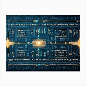 Intricate Pattern Of Ancient Egyptian Hieroglyphs With Glowing Blue Lines And A Central Golden Orb Canvas Print