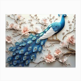 3d Blue Peacock On Branch With Flowers Canvas Print