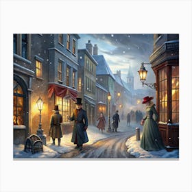 Victorian Street Scene At Night In The Snow 1 Canvas Print