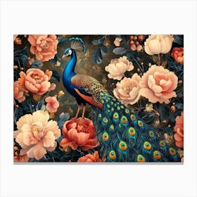 Seamless Floral Leather And Peacock Canvas Print