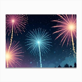 Watercolor Illustration Of Colorful Fireworks Exploding In The Night Sky Canvas Print