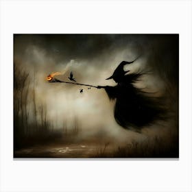 Witch Flying With Broom Canvas Print