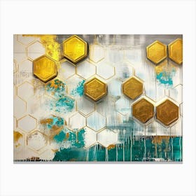 A Rich Oil on Canvas with Abstract Golden Hexagons, White Lattice and Splashes of Turquoise Painting Canvas Print