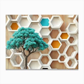 Turquoise Tree And Multicolored Hexagons Displayed on White Lattice Tiles Against an Oak Wood Background Canvas Print