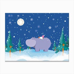 Illustration Of A Hippopotamus Plump And Comfortable Encased In Layers Of Winter Clothing As Snowf Canvas Print