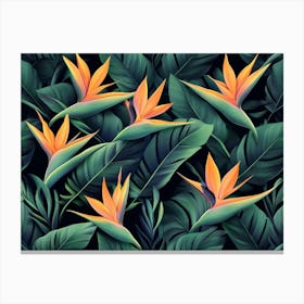 Seamless Pattern, Tropical Strelitzia Flowers, Palm Leaves In Green Color 2 Canvas Print