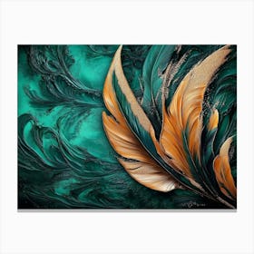 Vibrant 3d Abstract Art with Teal Backdrop, Shimmering Silver Feathers and Bold Volcanic Peaks Canvas Print