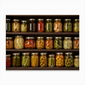 A Pantry With Many Shelves Filled With Jars Of Preserved Vegetables Canvas Print