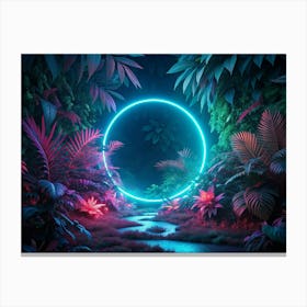 Neon Blue Circle Portal In A Tropical Forest 1 Canvas Print